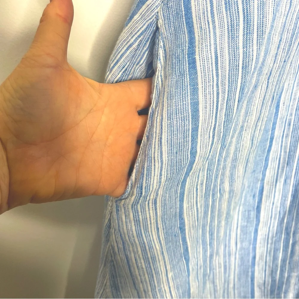 Tahari Plus 100% Linen Collar Shirt Dress Light Blue stripe button up 2X pockets - Picture 16 of 16